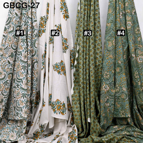 Block Printed Floral Cotton Fabric, Summer Dress, Sleepwear Pajamas Sewing Material by the Yard, Green and white