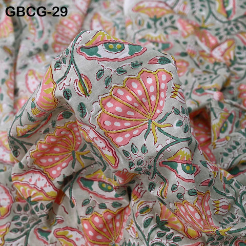 Block Printed Floral Cotton Fabric, Summer Dress, Sleepwear Pajamas Sewing Material by the Yard, Green and white