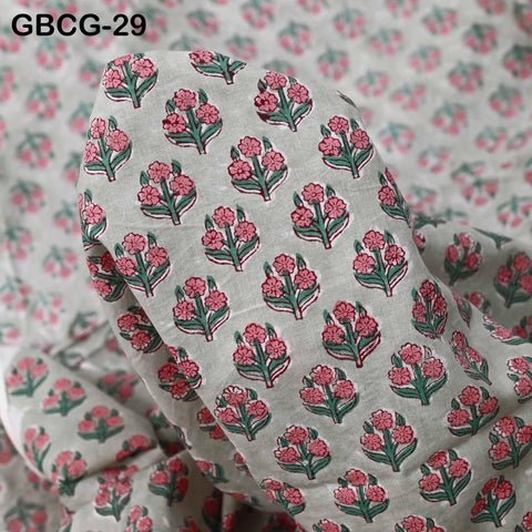 Block Printed Floral Cotton Fabric, Summer Dress, Sleepwear Pajamas Sewing Material by the Yard, Green and white