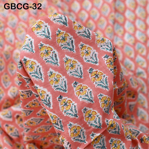 Block-Printed Floral Cotton Fabric, Summer Dress Sewing Material by the Yard, Green, Pink