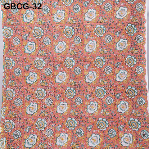 Block-Printed Floral Cotton Fabric, Summer Dress Sewing Material by the Yard, Green, Pink