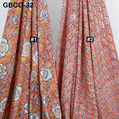 Block-Printed Floral Cotton Fabric, Summer Dress Sewing Material by the Yard, Green, Pink