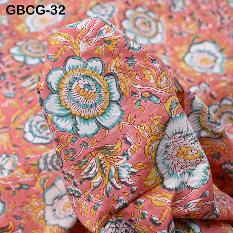 Block-Printed Floral Cotton Fabric, Summer Dress Sewing Material by the Yard, Green, Pink