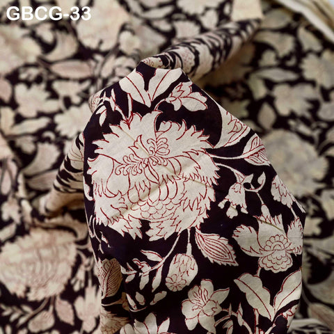 Block-Printed Floral Cotton Fabric, Summer Dress Sewing Material by the Yard, Green, Pink
