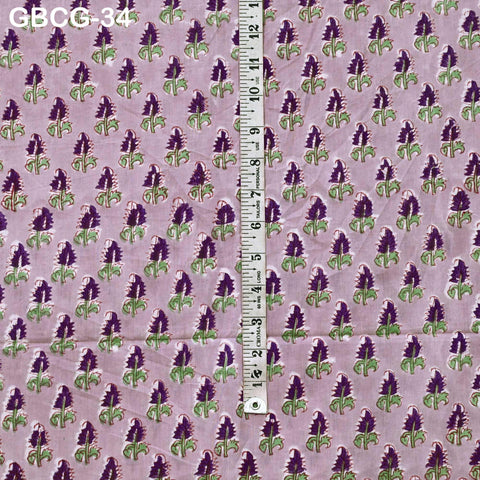 Block-Printed Floral Cotton Fabric, Summer Dress Sewing Material by the Yard, Green, Pink