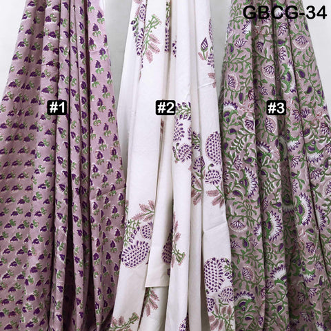 Block-Printed Floral Cotton Fabric, Summer Dress Sewing Material by the Yard, Green, Pink
