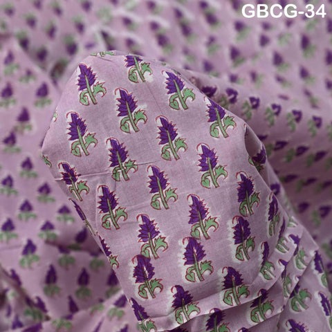 Block-Printed Floral Cotton Fabric, Summer Dress Sewing Material by the Yard, Green, Pink