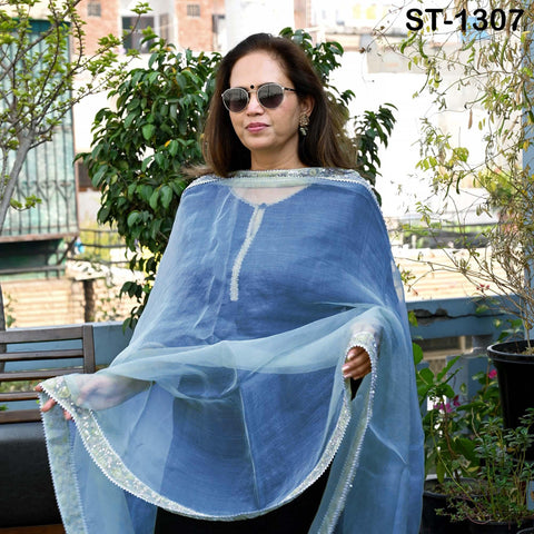 Sky Blue Dupatta Hand Embroidery Silk Organza Dupatta Lightweight Indian Bridal Wedding Lehenga Women Chunni Veil Scarf Dress Gift Mom