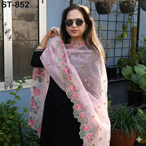 Pink Organza Dupatta Embroidery Bridal Veil Chunni Indian Head Scarf Crafting Sewing Wedding Dress Lehnga Costume Doll Making Gift for Her