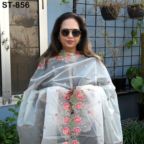 Grey Organza Women Dupatta, Embroidered Bridal Veil, Punjabi Chunri, Indian Head Scarf Craft Sew, Wedding Lehenga dress Costume Gift for Mom
