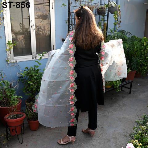 Grey Organza Women Dupatta, Embroidered Bridal Veil, Punjabi Chunri, Indian Head Scarf Craft Sew, Wedding Lehenga dress Costume Gift for Mom
