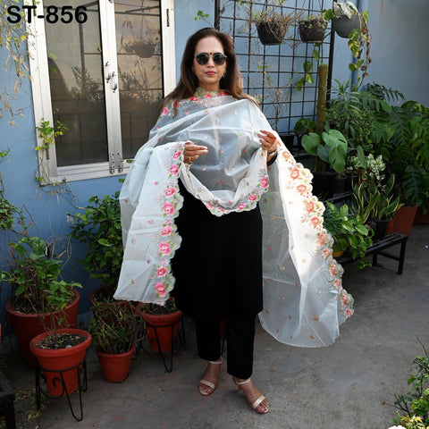 Grey Organza Women Dupatta, Embroidered Bridal Veil, Punjabi Chunri, Indian Head Scarf Craft Sew, Wedding Lehenga dress Costume Gift for Mom