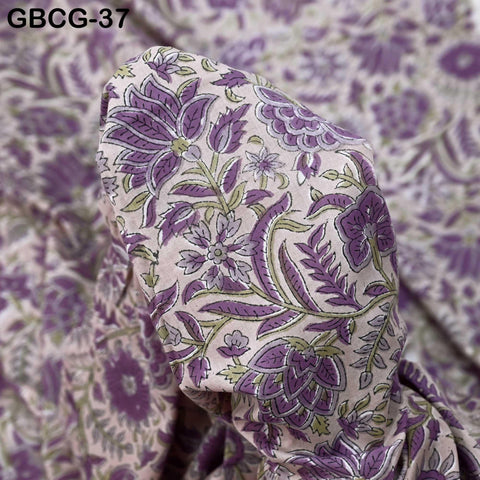 Block-Printed Floral Cotton Fabric, Summer Dress Sewing Material by the Yard, Green, Pink