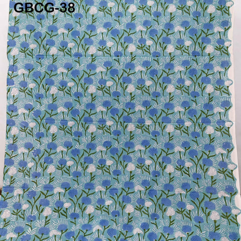 Block Printed Floral Cotton Fabric, Summer Dress, Sleepwear Pajamas Sewing Material by the Yard, Green and white