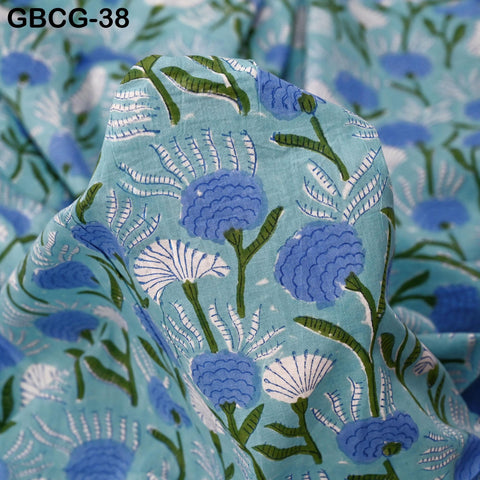 Block Printed Floral Cotton Fabric, Summer Dress, Sleepwear Pajamas Sewing Material by the Yard, Green and white