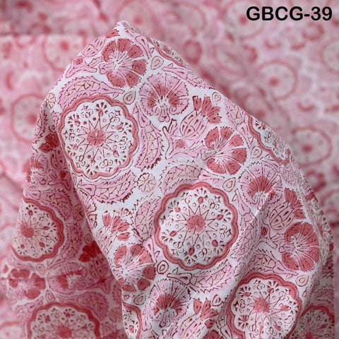 Block-Printed Floral Cotton Fabric, Summer Dress, Sleepwear Pajamas Sewing Material by the Yard, Pink and White