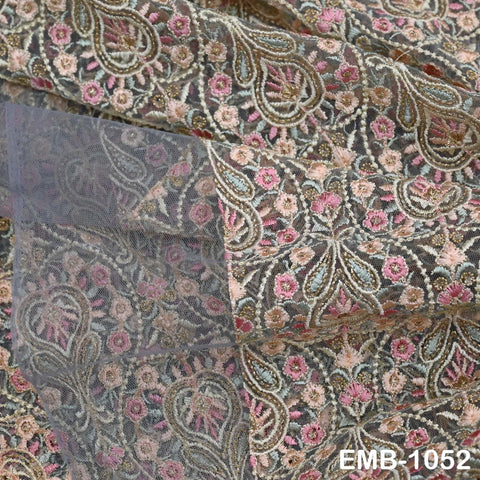 Embroidered Tulle Fabric by the Yard: Pista Green, Peach, Dusty Pink, Grey Indian Net Cloth