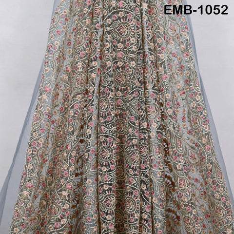 Embroidered Tulle Fabric by the Yard: Pista Green, Peach, Dusty Pink, Grey Indian Net Cloth