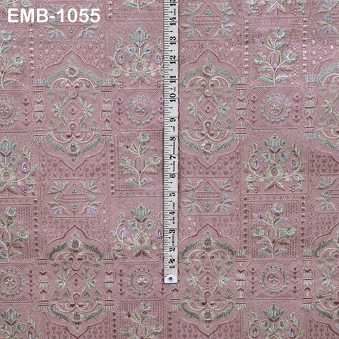 50-inch Indian Embroidered Fabric by Yard: Dusty Pink Viscose, Sequins, Wedding Dress Crafting