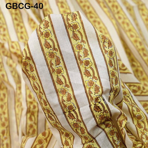 Block-Printed Floral Cotton Fabric, Summer Dress Sewing Material by the Yard, Yellow, Brown