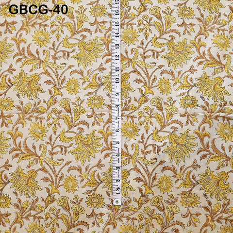 Block-Printed Floral Cotton Fabric, Summer Dress Sewing Material by the Yard, Yellow, Brown