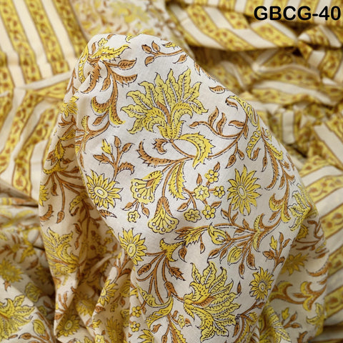 Block-Printed Floral Cotton Fabric, Summer Dress Sewing Material by the Yard, Yellow, Brown