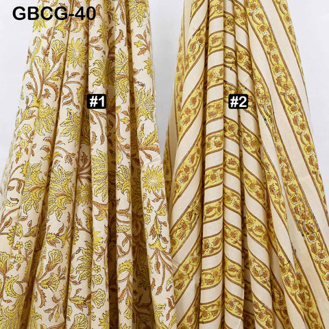 Block-Printed Floral Cotton Fabric, Summer Dress Sewing Material by the Yard, Yellow, Brown