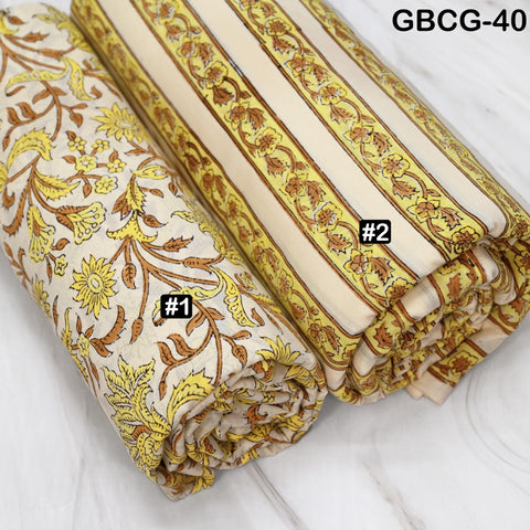Block-Printed Floral Cotton Fabric, Summer Dress Sewing Material by the Yard, Yellow, Brown