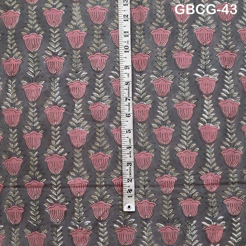 Block-Printed Floral Cotton Fabric, Summer Dress Sewing Material by the Yard, Green, Pink