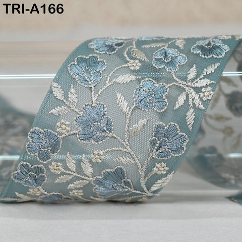 9 Yard Steel Blue Embroidery Ribbons 6cm Indian Sari Border Embroidered Crafting Sewing Lampshade making Home Decor Costumes Trimmings
