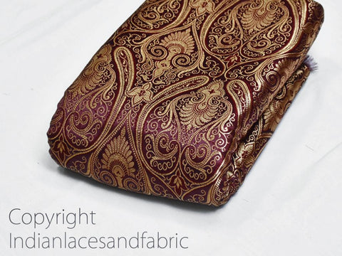 Indian Brocade Fabric Burgundy Gold Banarasi Benarse Blended Silk Bridal Wedding Dresses Lengha Crafting Sewing Drapery Upholstery Costume