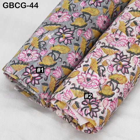 Block-Printed Floral Cotton Fabric, Summer Dress Sewing Material by the Yard, Green, Pink