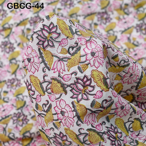 Block-Printed Floral Cotton Fabric, Summer Dress Sewing Material by the Yard, Green, Pink