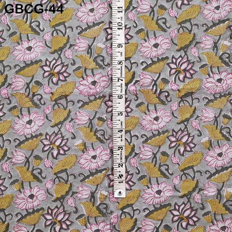 Block-Printed Floral Cotton Fabric, Summer Dress Sewing Material by the Yard, Green, Pink