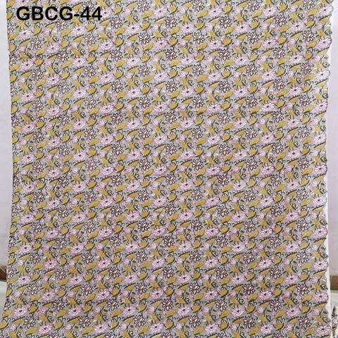 Block-Printed Floral Cotton Fabric, Summer Dress Sewing Material by the Yard, Green, Pink