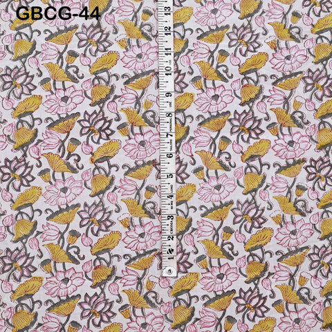 Block-Printed Floral Cotton Fabric, Summer Dress Sewing Material by the Yard, Green, Pink