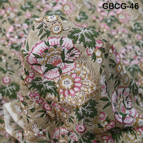 Block-Printed Floral Cotton Fabric, Summer Dress Sewing Material by the Yard, Yellow, Brown