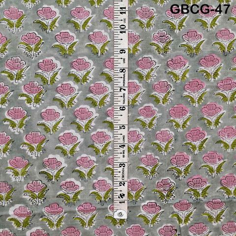 Block-Printed Floral Cotton Fabric, Summer Dress Sewing Material by the Yard, Green, Pink