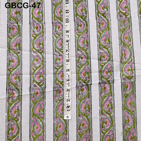 Block-Printed Floral Cotton Fabric, Summer Dress Sewing Material by the Yard, Green, Pink