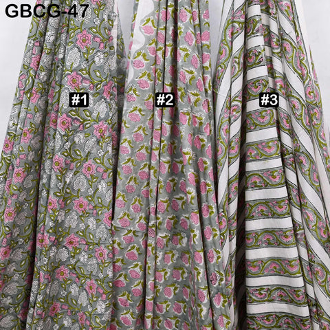 Block-Printed Floral Cotton Fabric, Summer Dress Sewing Material by the Yard, Green, Pink