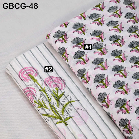 Block-Printed Floral Cotton Fabric, Summer Dress Sewing Material by the Yard, Green, Pink, Grey
