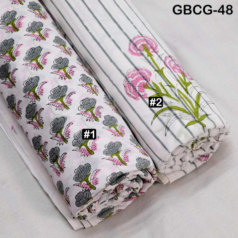 Block-Printed Floral Cotton Fabric, Summer Dress Sewing Material by the Yard, Green, Pink, Grey