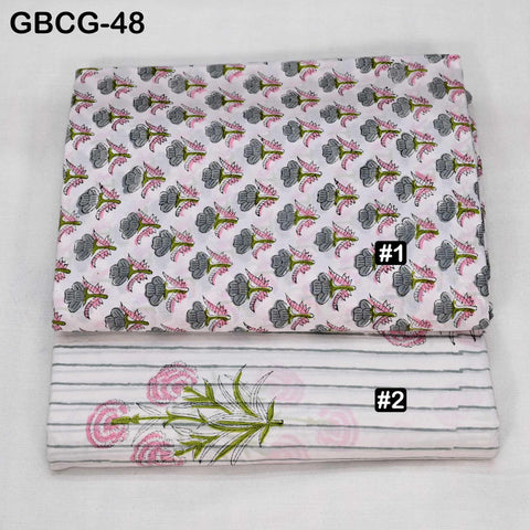 Block-Printed Floral Cotton Fabric, Summer Dress Sewing Material by the Yard, Green, Pink, Grey