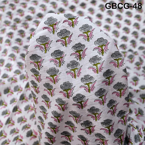 Block-Printed Floral Cotton Fabric, Summer Dress Sewing Material by the Yard, Green, Pink, Grey