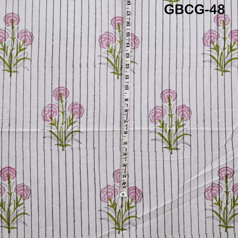 Block-Printed Floral Cotton Fabric, Summer Dress Sewing Material by the Yard, Green, Pink, Grey