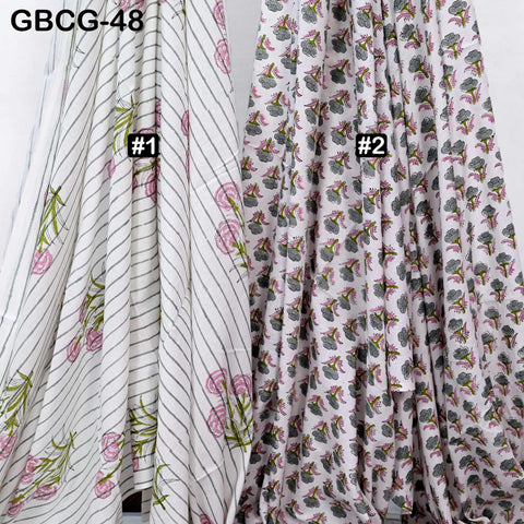 Block-Printed Floral Cotton Fabric, Summer Dress Sewing Material by the Yard, Green, Pink, Grey
