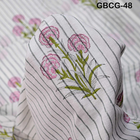 Block-Printed Floral Cotton Fabric, Summer Dress Sewing Material by the Yard, Green, Pink, Grey
