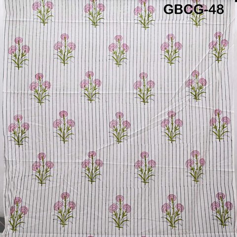 Block-Printed Floral Cotton Fabric, Summer Dress Sewing Material by the Yard, Green, Pink, Grey