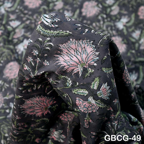 Block-Printed Floral Cotton Fabric, Summer Dress Sewing Material by the Yard, Green, Pink