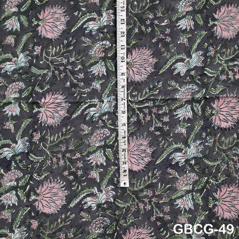 Block-Printed Floral Cotton Fabric, Summer Dress Sewing Material by the Yard, Green, Pink